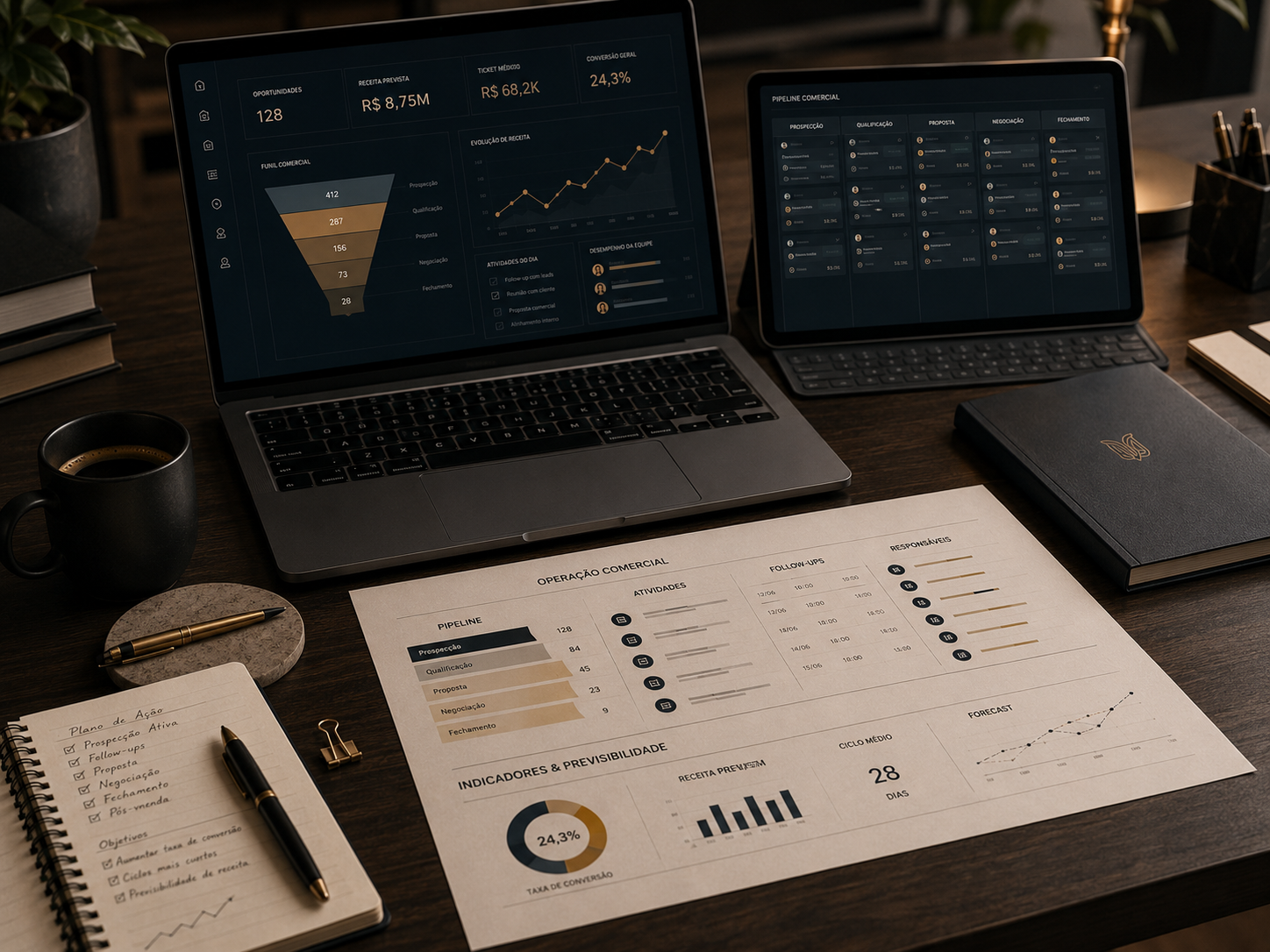 Mesa corporativa organizada com CRM aberto, pipeline visual e materiais de reunião comercial.