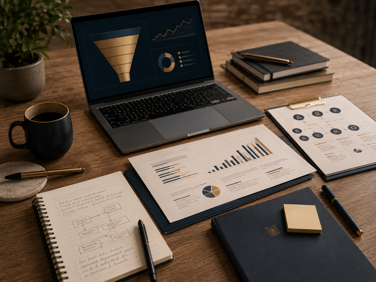 Mesa corporativa com cartões de etapas de vendas, notebook com CRM aberto e anotações de gestão comercial.