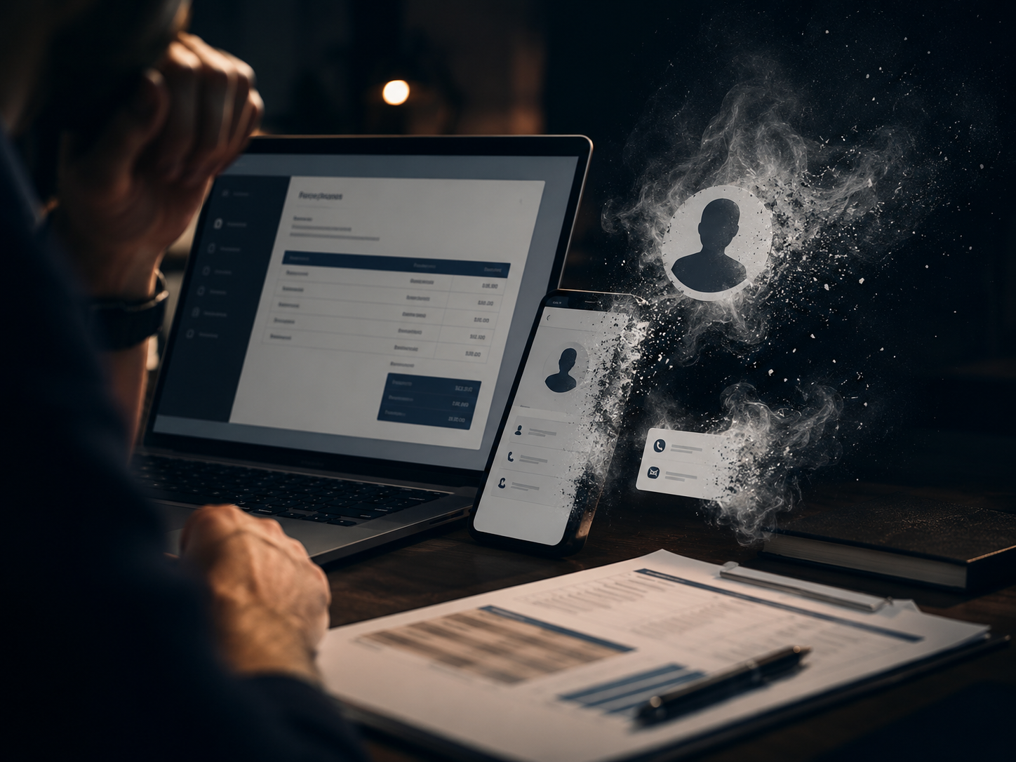 Mesa corporativa com celular, proposta comercial impressa e anotações de acompanhamento de leads.