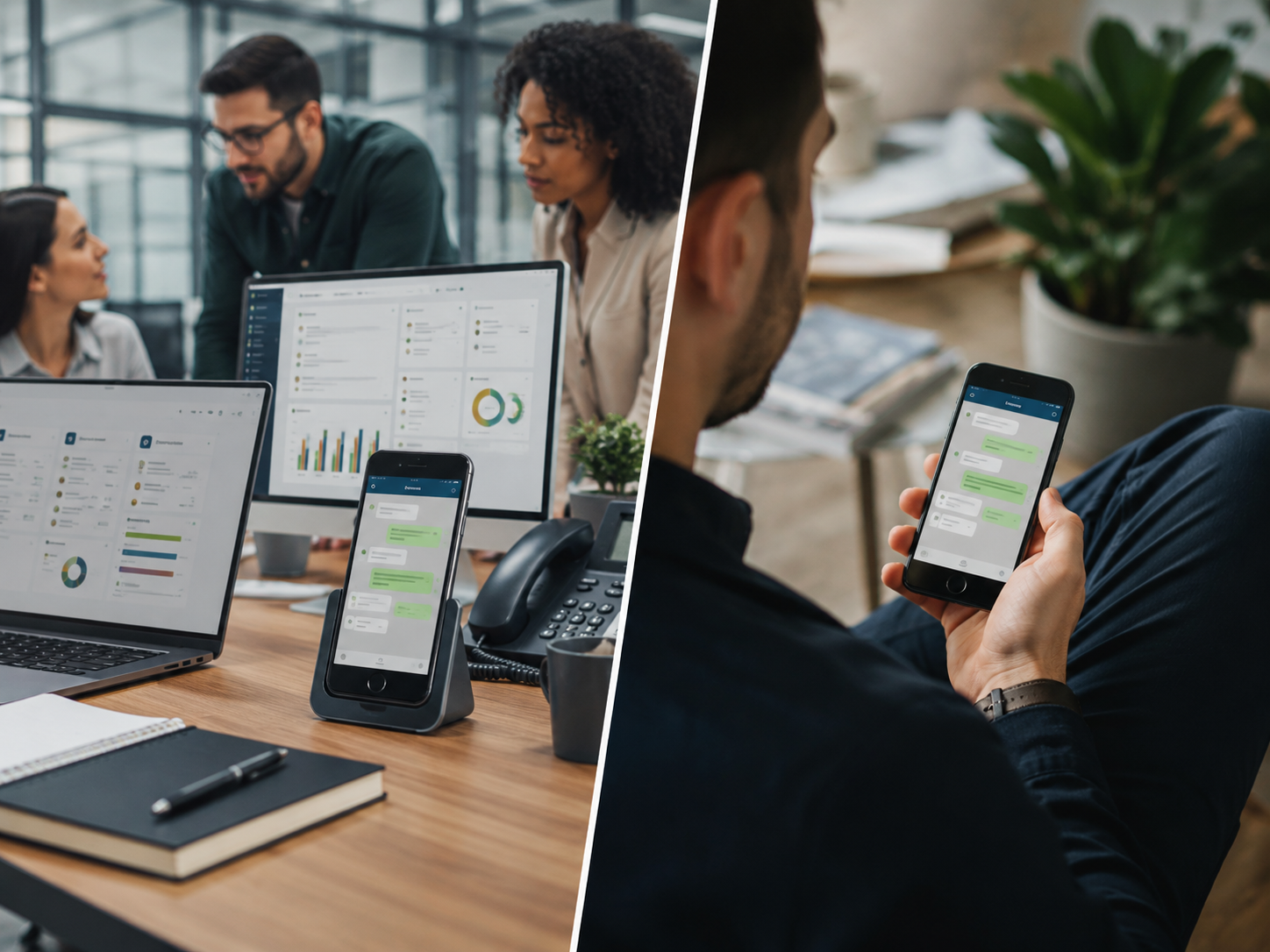 Celular corporativo com conversas comerciais organizado ao lado de um painel de CRM.